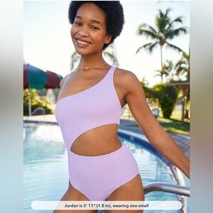 Aerie Crinkle Asymmetrical Cut Out One Piece Swimsuit Large Lavender